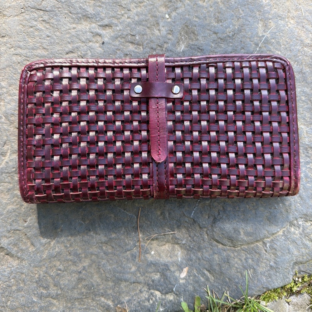 Patricia Nash Zenale Woven Leather Wallet Burgundy Slip Pockets Rare Color RFID